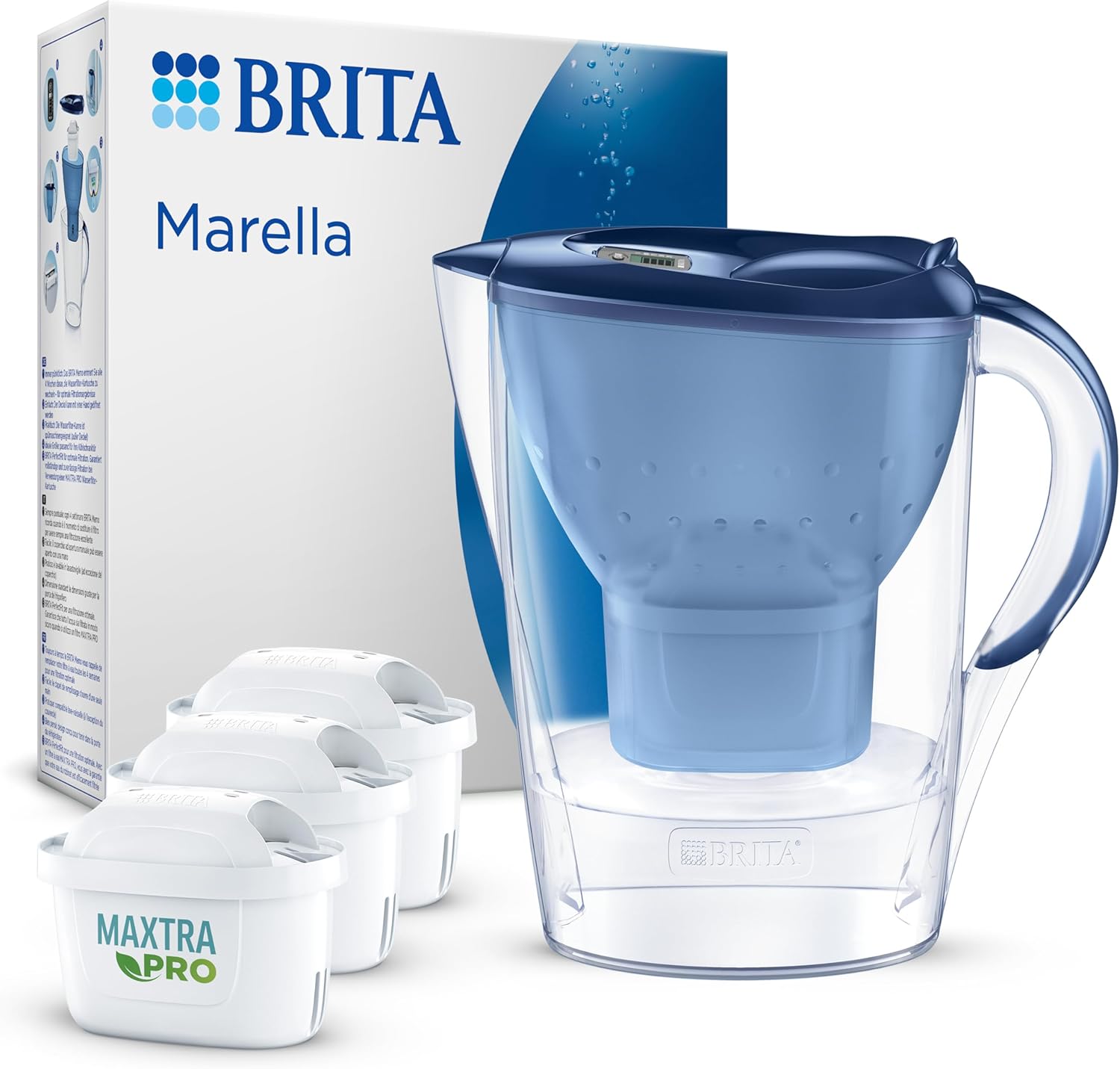 Brita Marella Water Filter Jug Blue (2.4 L) incl. 3 x Maxtra Pro All-in-1 Cartridge - Filter for Reducing Limescale, Chlorine, Lead, Copper and Taste-Disturbing Substances in Water